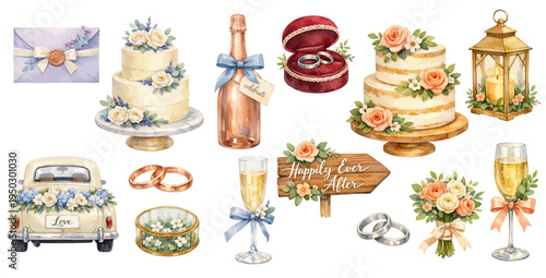 A watercolor collection of wedding elements including cakes, rings, champagne, flowers, and romantic decorations for wedding invitations, celebration designs, and bridal clipart.