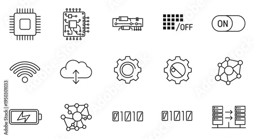 Set of Technology Line Icons on Isolated White Background, Digital and Network Concepts