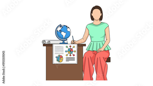 Mapping the World: A focused individual engrossed in study, surrounded by globes and charts, signifying the quest for knowledge and exploration.