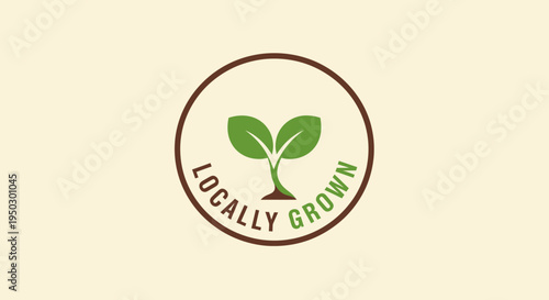 Locally Grown Organic Food Product Logo with Green Leaves on Light Cream Background