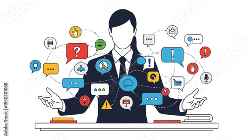 Navigating the Communication Network: A person manages a complex network of messages, symbols, and icons that represent the flow of information and thoughts