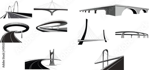 Collection of diverse bridge designs, cable-stayed, arch, viaduct, elevated roadways, urban infrastructure, civil engineering illustration