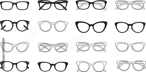 Vector set of modern eyeglasses and sunglasses frames, featuring diverse styles like cat-eye, round, and square for optical fashion and vision care designs.