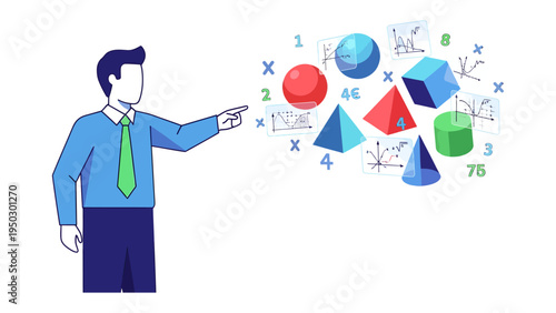 Conceptual Thinking in Education: An illustration shows a person explaining mathematical concepts like spheres, cubes, and other geometric shapes, with numbers and formulas.