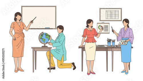 Classroom dynamics: A glimpse into various roles and activities within an educational environment, illustrating teaching and learning processes with a whiteboard, desk, globe, and different teachers.