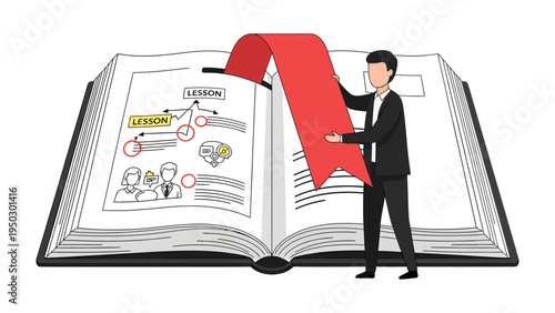 The Guide to Learning: A person interacting with a large open book, which details the key components of a lesson plan, with a bright red bookmark
