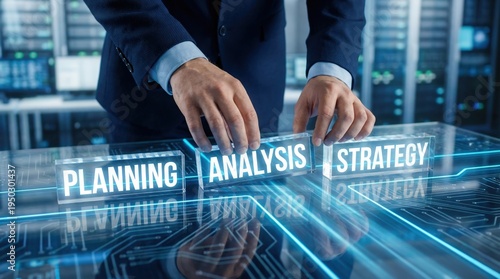 Businessman arranging planning analysis and strategy blocks on a futuristic digital interface in a data center.