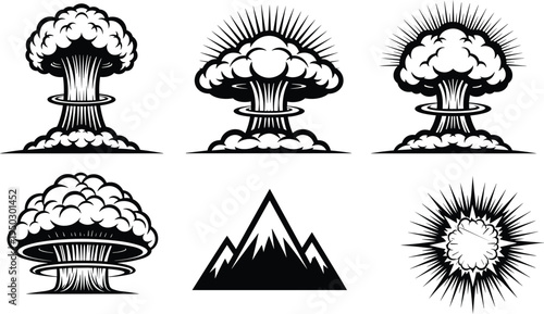 nuclear, explosion, mushroom, cloud, bomb, blast, radiation, atomic, war, disaster, danger, symbol, silhouette, vector, illustration, apocalypse, power, shockwave, destruction, set