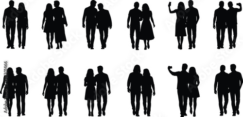 Vector silhouette of diverse couples walking together, romantic pairs hand in hand, people taking selfies, man and woman strolling in urban lifestyle sets