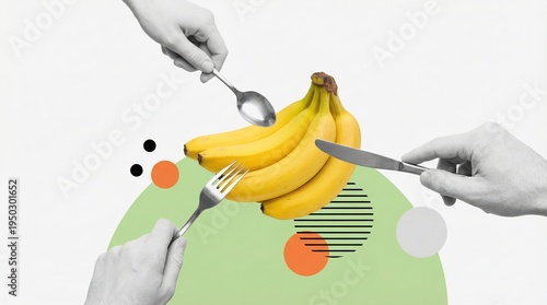 Conceptual art collage showing multiple hands with cutlery sharing a bunch of yellow bananas on a green background.
