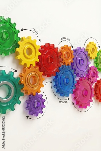 Colorful interlocking gears on a white background representing business synergy and workflow interaction.