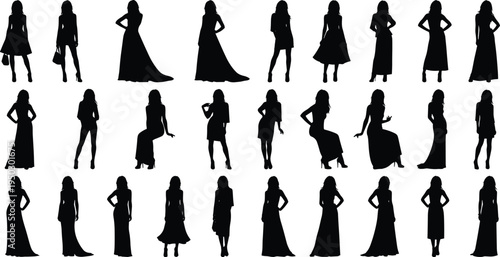 Collection of elegant female fashion silhouettes, stylish women poses, long dresses, modern outfit designs, glamour, beauty, modeling concepts
