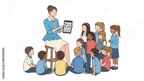 Education through technology: A teacher guides a diverse group of students, using a tablet to unveil an engaging lesson in a classroom setting.