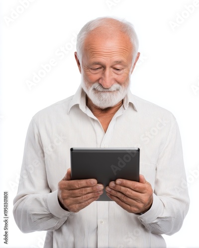 Senior man using a digital tablet, smiling, white isolate background.