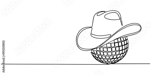 continuous one line drawing Vector illustration of cowboy hat on disco ball
