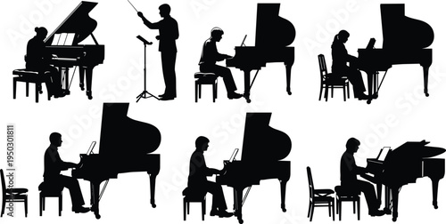 Piano player silhouettes, grand piano performance, classical music musician, pianist practice, conductor directing, black silhouette illustration, orchestra rehearsal, music art