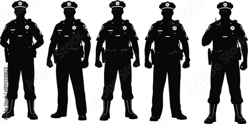 Police officer silhouettes set in different poses, law enforcement uniform collection, security guard figures, public safety authority vector illustration