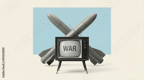 Conceptual illustration of war propaganda showing a vintage television screen with text in front of crossed missiles.