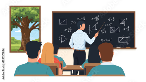 Mathematics Classroom: A knowledgeable instructor passionately leads a group of attentive students through complex mathematical concepts at the blackboard.