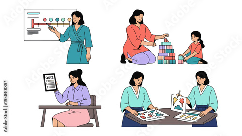 Teaching Moments: A collage showcases a woman engaged in various teaching and learning activities, including giving presentation, play with a girl.