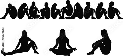 Sad sitting people silhouettes, depression anxiety poses, lonely person body language, mental health concept, emotional stress illustration set
