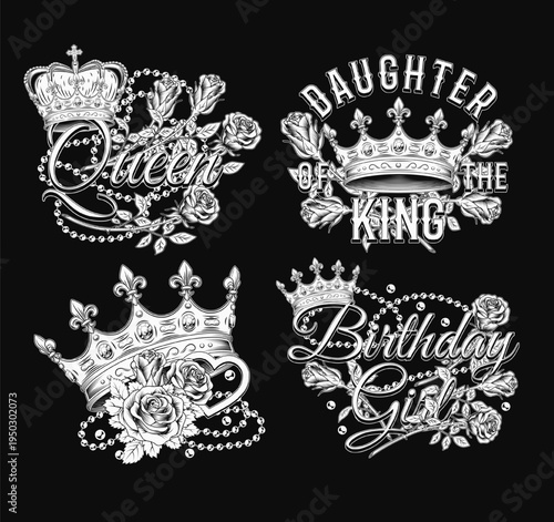 Set of luxury labels with golden crown, jewelry gold chains, text. Detailed composition in vintage style.