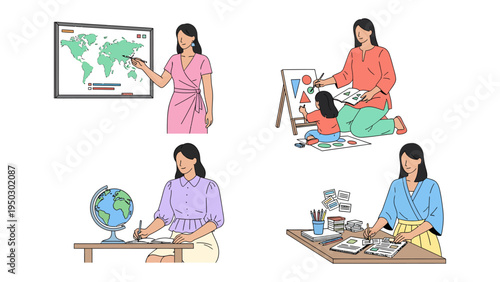 Scenes of Teaching and Learning: Depicts a set of illustrations showcasing a woman engaged in various educational activities, from geography lessons to artistic creation.