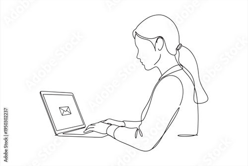 Woman sitting and using a laptop computer in a simple line drawing