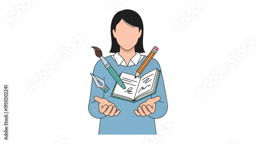 Creative Mind: An artist's inspiration takes flight as a figure, surrounded by tools of creation, embodies the boundless possibilities of artistic expression. 