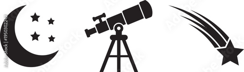 Celestial graphic illustration featuring a crescent moon with stars, a telescope on a tripod, and a