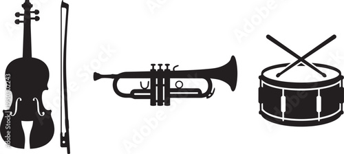 Classical violin with bow, brass trumpet, and snare drum with sticks, music illustration