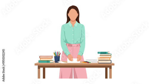 Focused Teacher: A dedicated educator, stands behind a desk, absorbed in her work, surrounded by books and stationary. A symbol of knowledge, guidance, and unwavering commitment.