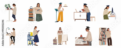 Collection of flat vector illustrations depicting a young woman studying, working with various tools like laptops and books, and celebrating her graduation.