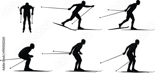 skiing, skier, sport, winter, snow, ski, athlete, silhouette, action, movement, alpine, outdoor, recreation, isolated, black, vector, activity, competition, illustration, set