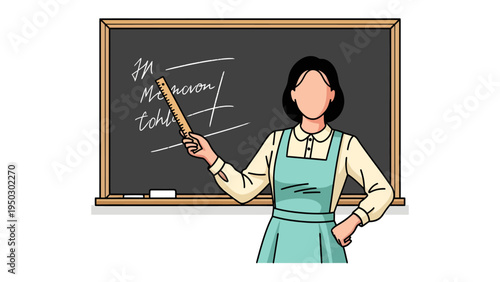 Classroom Guidance: A female teacher stands before a blackboard, gesturing with a pointer, poised to impart knowledge and insights.