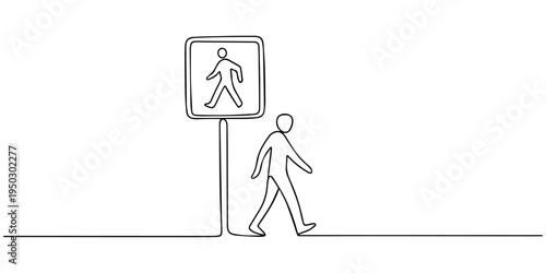 continuous one line drawing Vector illustration of a person walking past a pedestrian crossing sign