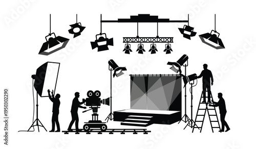 Black silhouette illustration of a professional film set production crew working on a movie stage