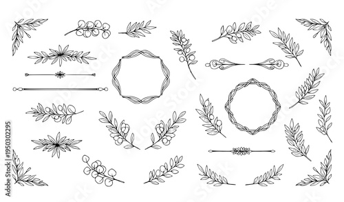 A set of delicate floral wreaths and leaves in a minimalist line art style