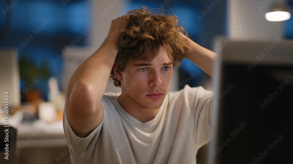 Obraz premium Young trader experiencing cryptocurrency flash crash in real time, grabbing hair in panic, multiple devices showing coordinated digital asset collapse, energy drinks and stress snacks scattered,