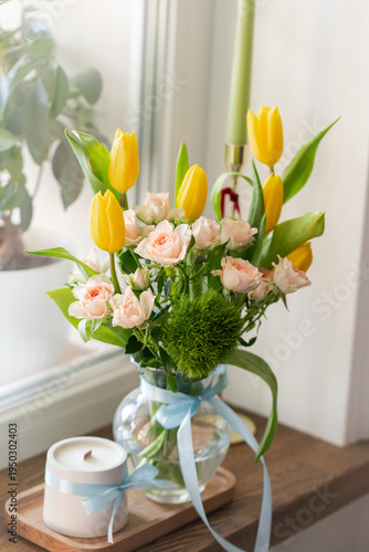 Wallpaper Mural Yellow Tulips and Pink Roses in a Glass Vase – Floral Bouquet Torontodigital.ca