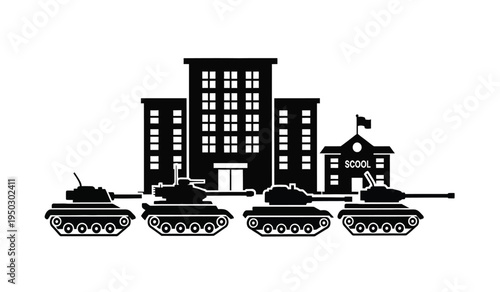 Black silhouette illustration of a row of military battle tanks parked in front of large buildings