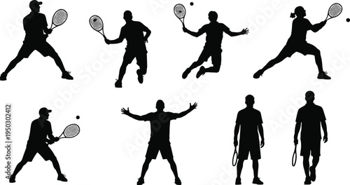 tennis, player, silhouette, sport, athlete, racket, action, serve, swing, match, competition, training, fitness, activity, game, collection, isolated, black, professional, set