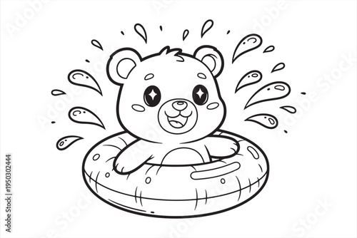 A cartoon teddy bear sitting on an inflatable pool float