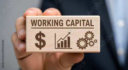 A close up view of a hand holding a wooden block with the words working capital and financial icons