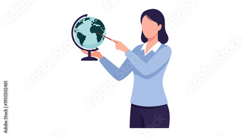 Global Teacher's Lesson: A female teacher is pointing the continent on globe in education lesson setting. Illustrating a dedication in teaching world geography concept.