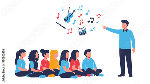 Music Lesson: An educator engaging with a group of young learners in a classroom setting, illustrating the elements of music with creative illustrations.