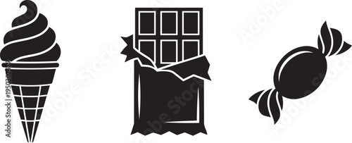 Collection of vector illustrations of ice cream cone, wrapped candy, and a door with festive adornme