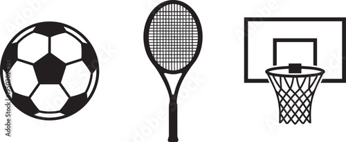 Collection of vector sport icons: soccer ball, tennis racket, and basketball hoop