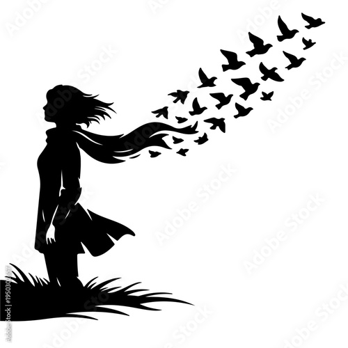 Silhouette of a woman standing in a field with a scarf turning into a flock of birds.