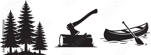 Forest scene illustration with silhouette of trees, axe, and boat